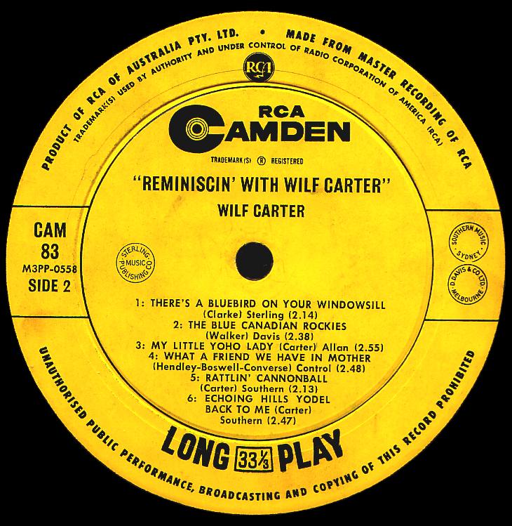 Wilf Carter record (Australia) 33rpm LP Camden CAM-83 side two