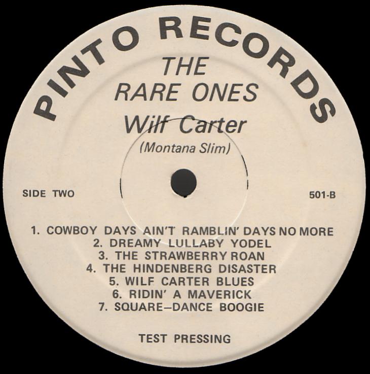 Wilf Carter record 33rpm LP Pinto WC-501 side two label