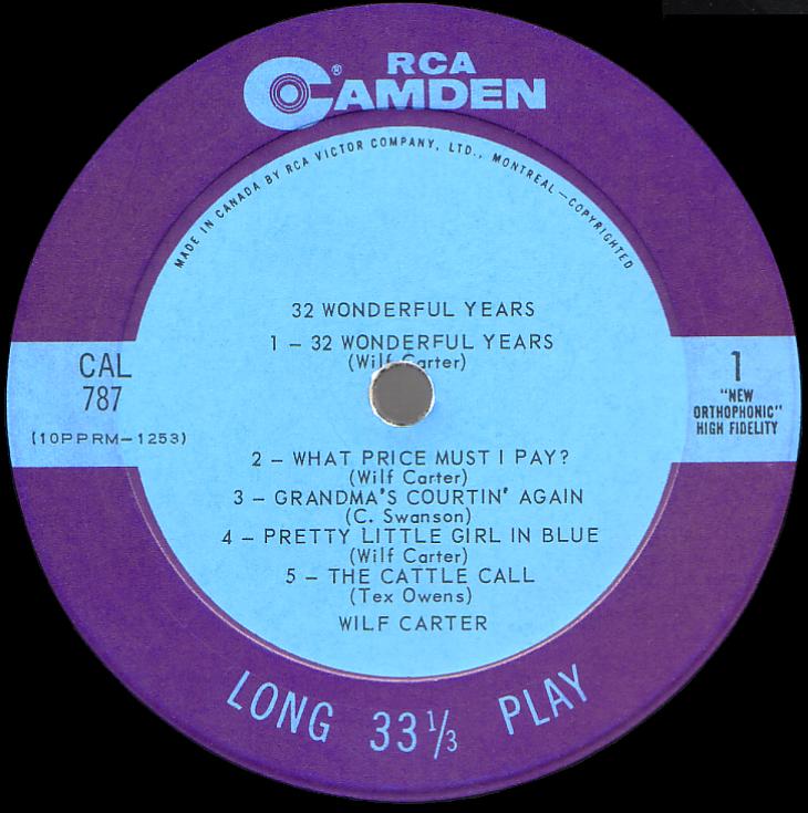 Wilf Carter record (Canada) 33rpm LP Camden CAL-787 side one