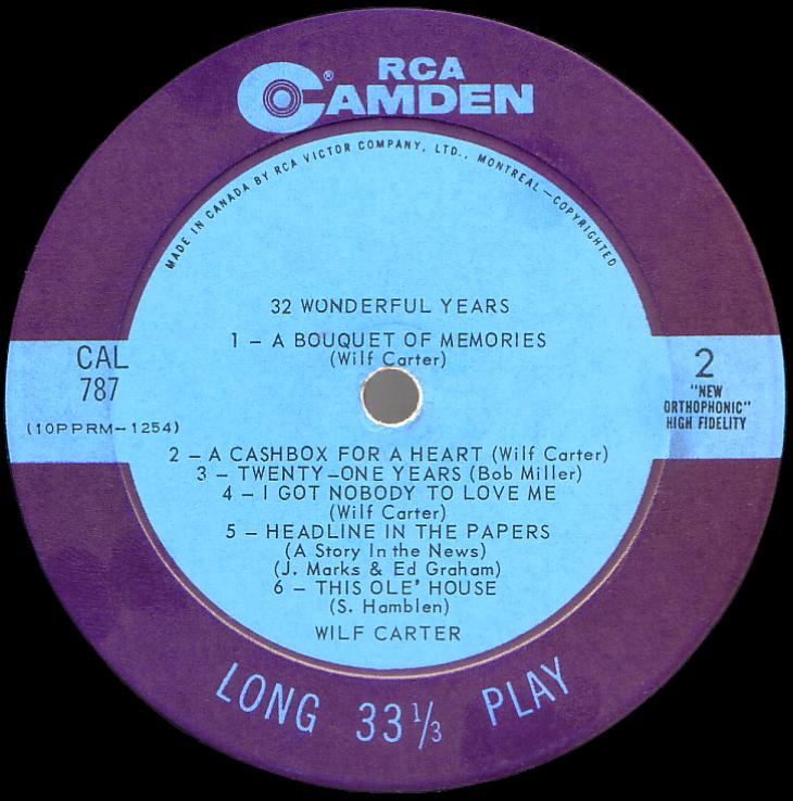 Wilf Carter record (Canada) 33rpm LP Camden CAL-787 side two